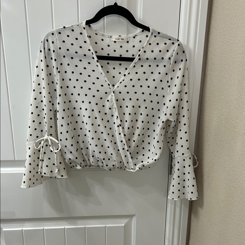 Elegant White Polka Dot Blouse with Bell Sleeves